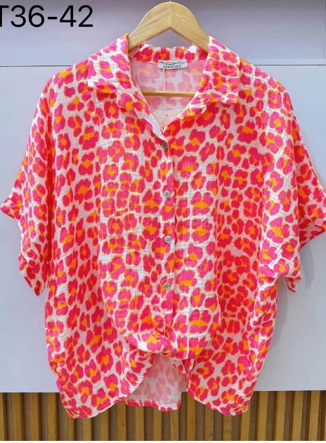 Chemise Manches Courtes, En Gaze De Coton Imprimé Léopard Fluo