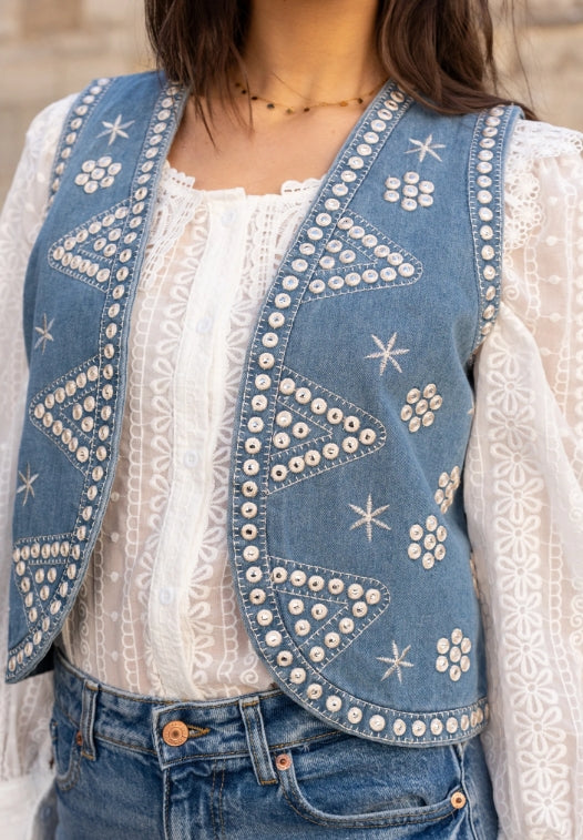 Gilet sans manches avec broderies et strass