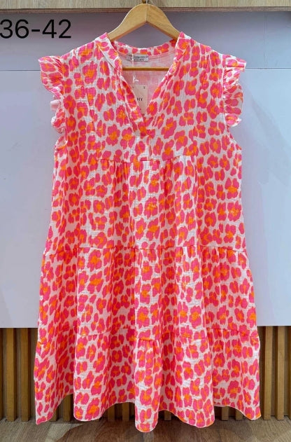 Robe Courte Gaze De Coton Avec Imprimé Léopard Fluo