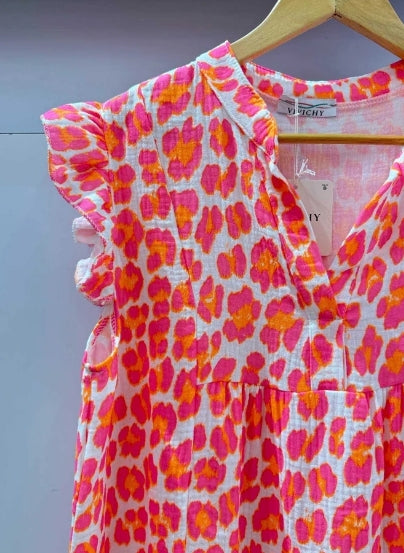 Robe Courte Gaze De Coton Avec Imprimé Léopard Fluo