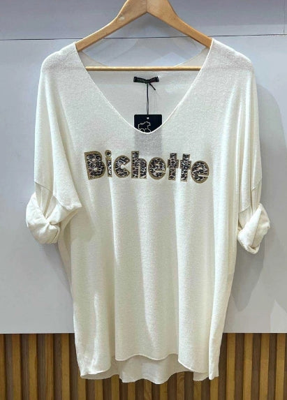 Pull fin Col V, Manches longues avec imprimé BICHETTE